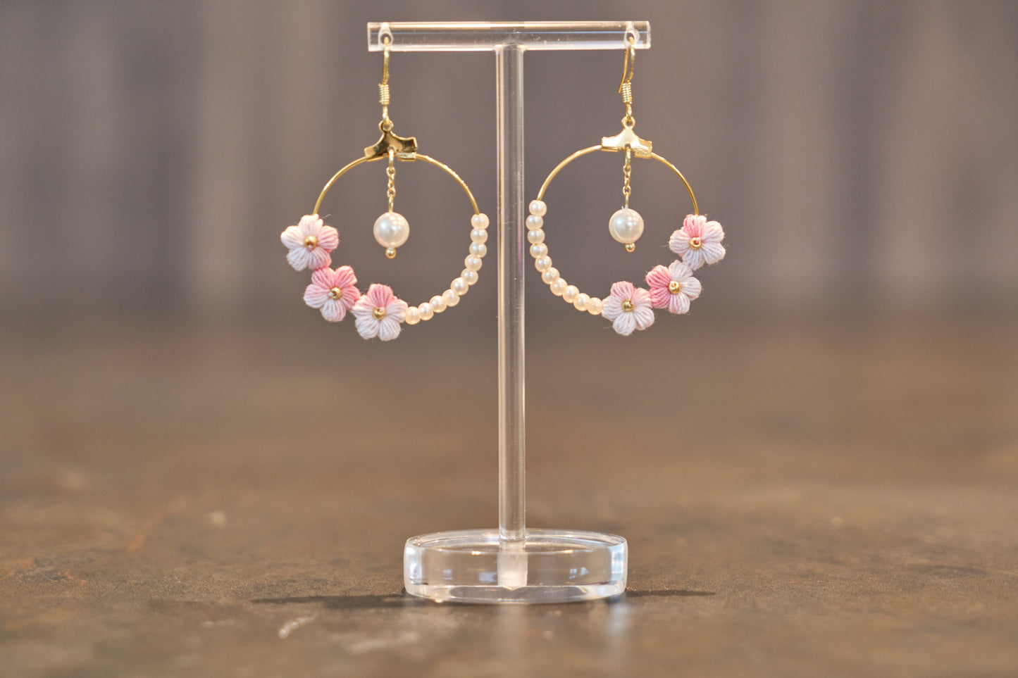 Yarntastic Handmade Micro-crochet Flowers 14K Gold Filled Dangle Earrings with Pearl-looking Beads Hoop