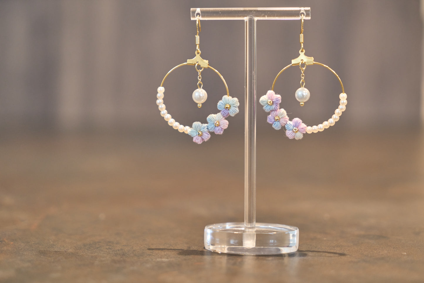 Yarntastic Handmade Micro-crochet Flowers 14K Gold Filled Dangle Earrings with Pearl-looking Beads Hoop