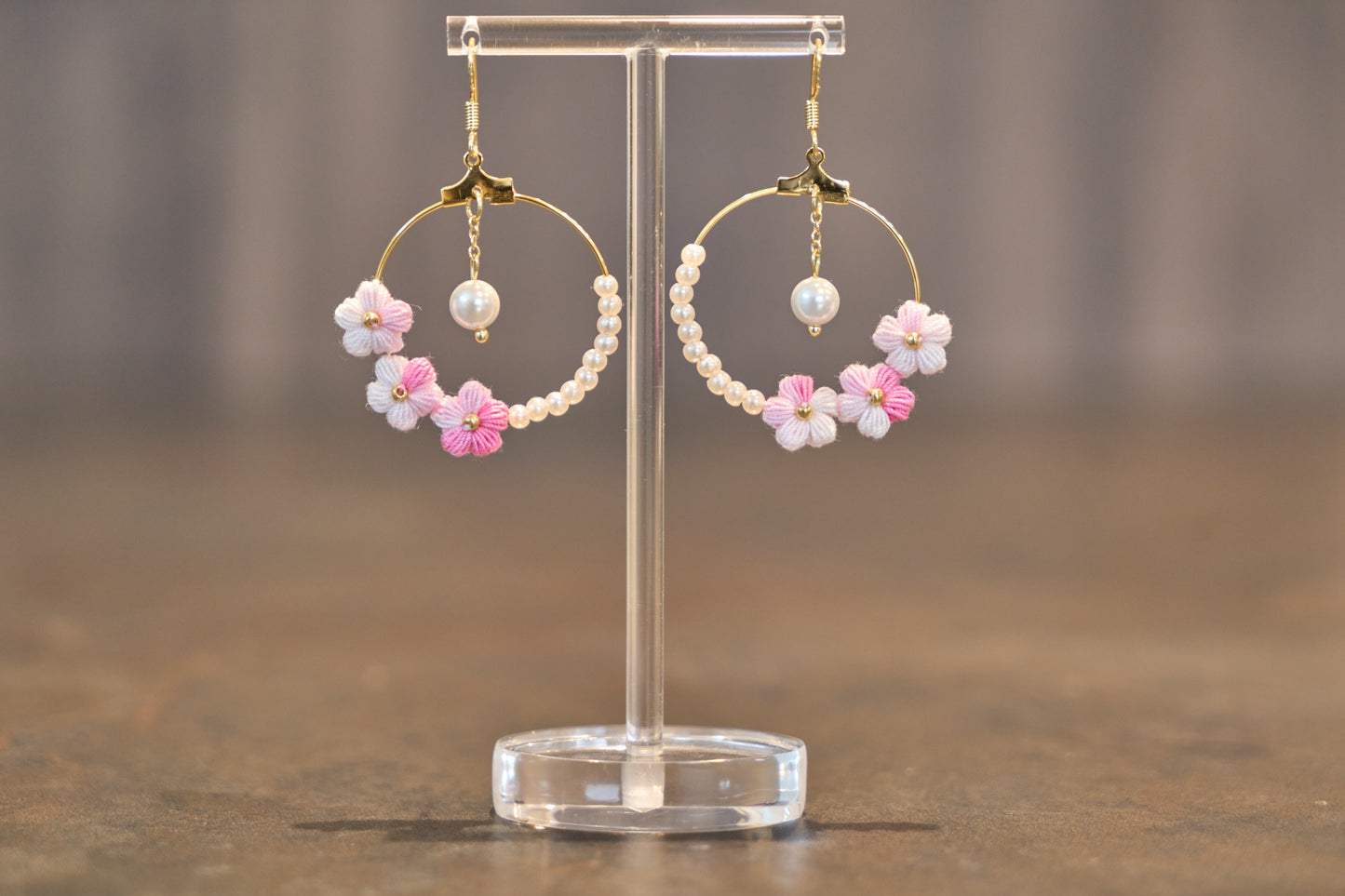 Yarntastic Handmade Micro-crochet Flowers 14K Gold Filled Dangle Earrings with Pearl-looking Beads Hoop