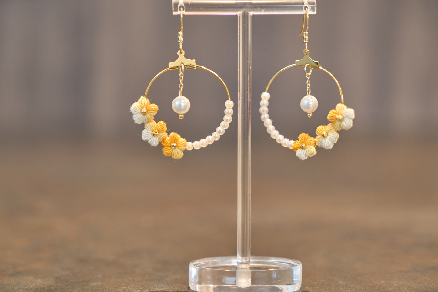 Yarntastic Handmade Micro-crochet Flowers 14K Gold Filled Dangle Earrings with Pearl-looking Beads Hoop